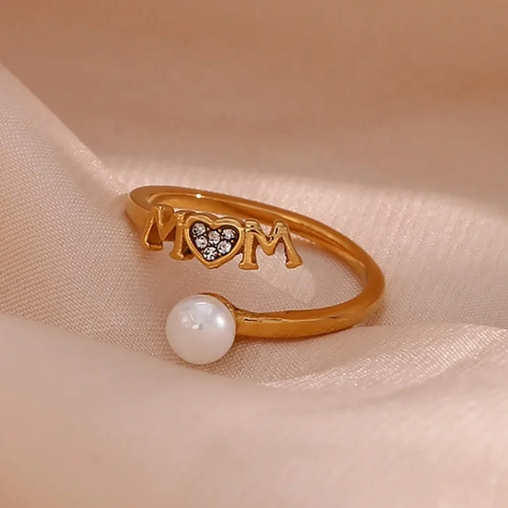 Mom Adjustable Pearl Zircon Heart Stackable Ring 18K Gold Plated Stainless Steel - Picture 1 of 11